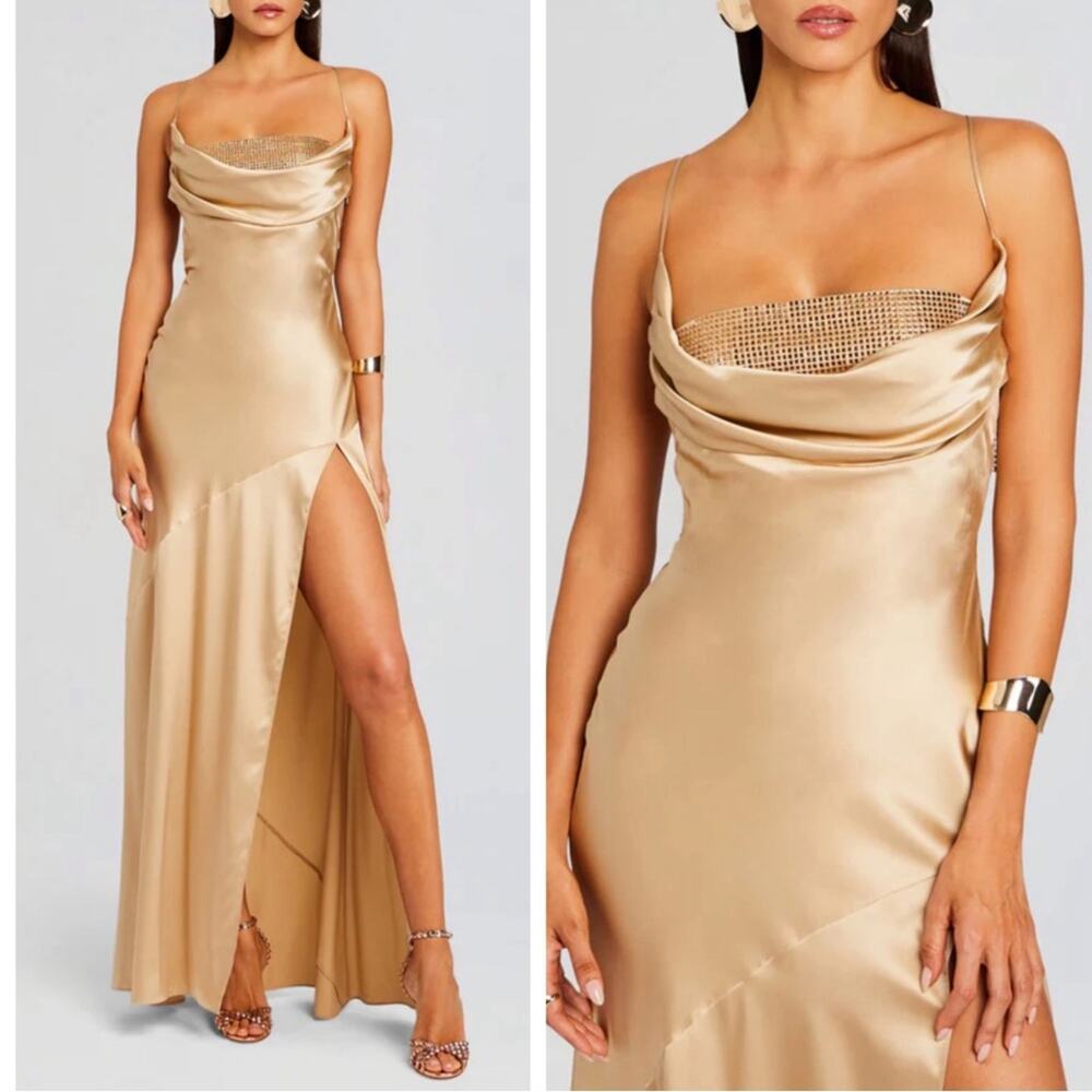 RETROFETE Emery Crystal Embellished Silk Nude Gold Maxi Dress Size Medium - Picture 2 of 11